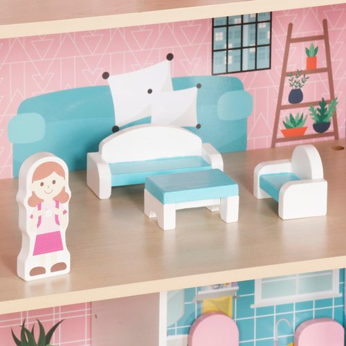 Didelis medinis lėlių namas su LED apšvietimu ir baldais - Image 6