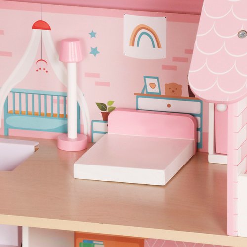 Didelis medinis lėlių namas su LED apšvietimu ir baldais - Image 7