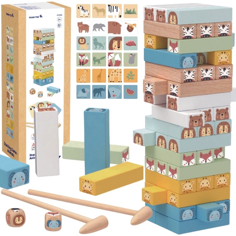 Medinis lavinamasis žaidimas „Wobbling Tower“ su gyvūnais, 82 vnt.
