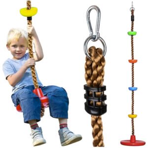 Mergaitė laipioja virvėje lauke.Virvinės sūpynės su laipiojimo virve KRUZZEL 2in1 – iki 100 kg