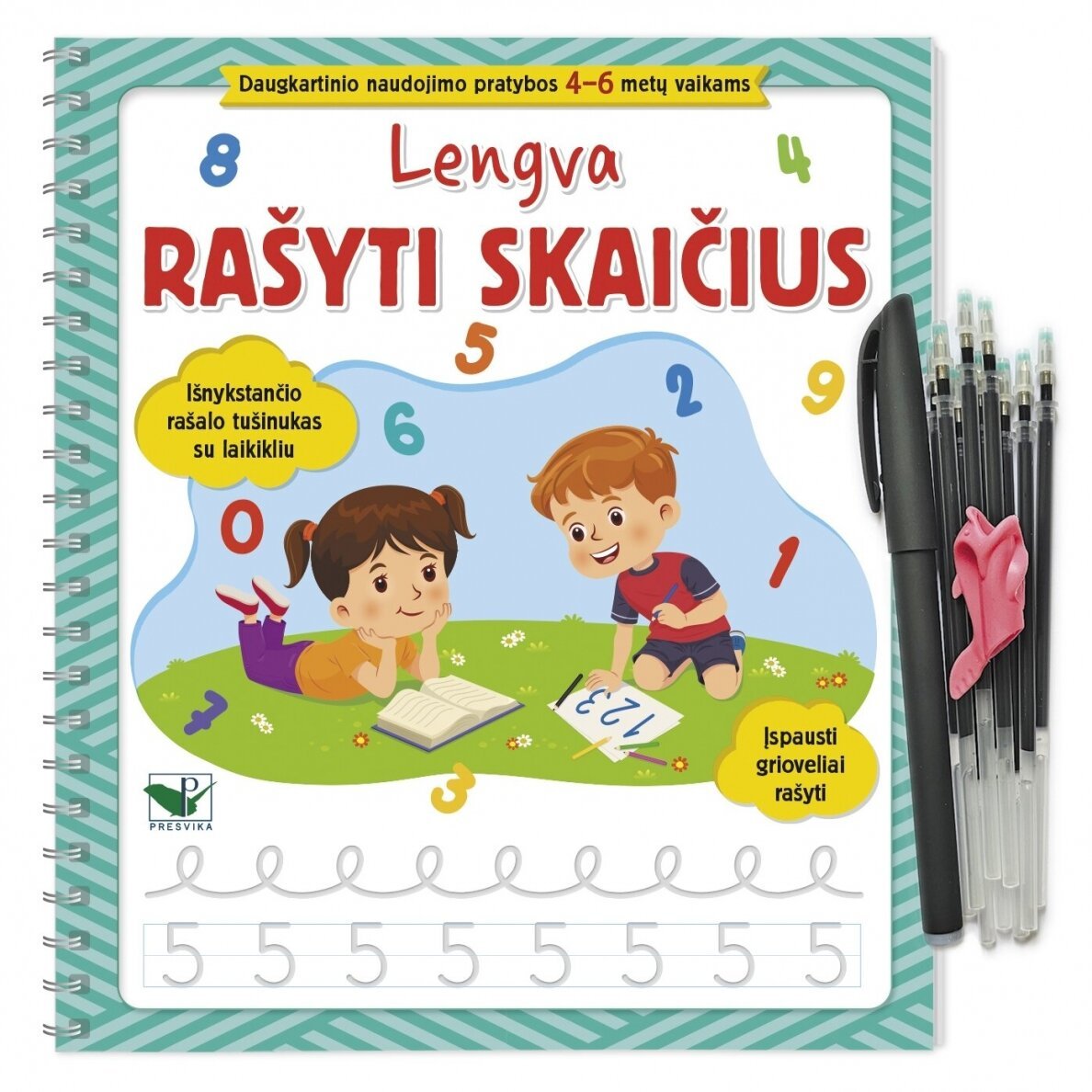 Lengva rašyti skaičius. Įspausti grioveliai rašyti. Išnykstančio rašalo tušinukas su laikikliu + širdelės. Daugkartinio naudojimo pratybos 4-6 metų vaikams