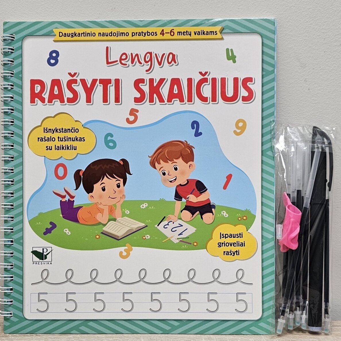 Lengva rašyti skaičius. Įspausti grioveliai rašyti. Išnykstančio rašalo tušinukas su laikikliu + širdelės. Daugkartinio naudojimo pratybos 4-6 metų vaikams - Image 7
