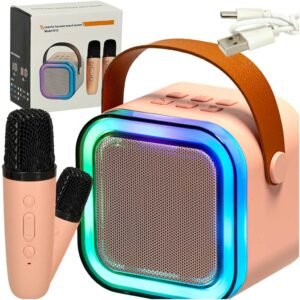 Karaokės rinkinys su Bluetooth garsiakalbiu ir 2 belaidžiais mikrofonais, rožinis
