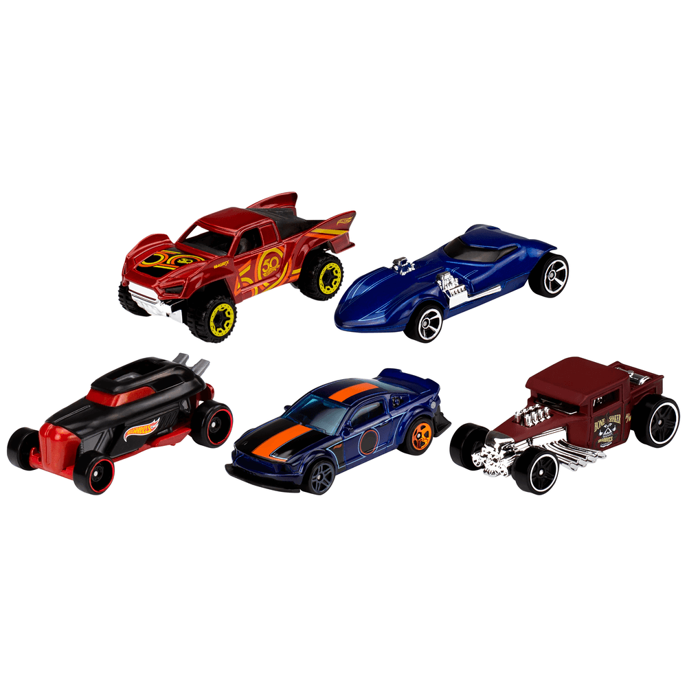 Penki Hot Wheels automodeliukai – lenktyniniai automobiliai ir hot rodai (vienas iš galimų rinkinių)