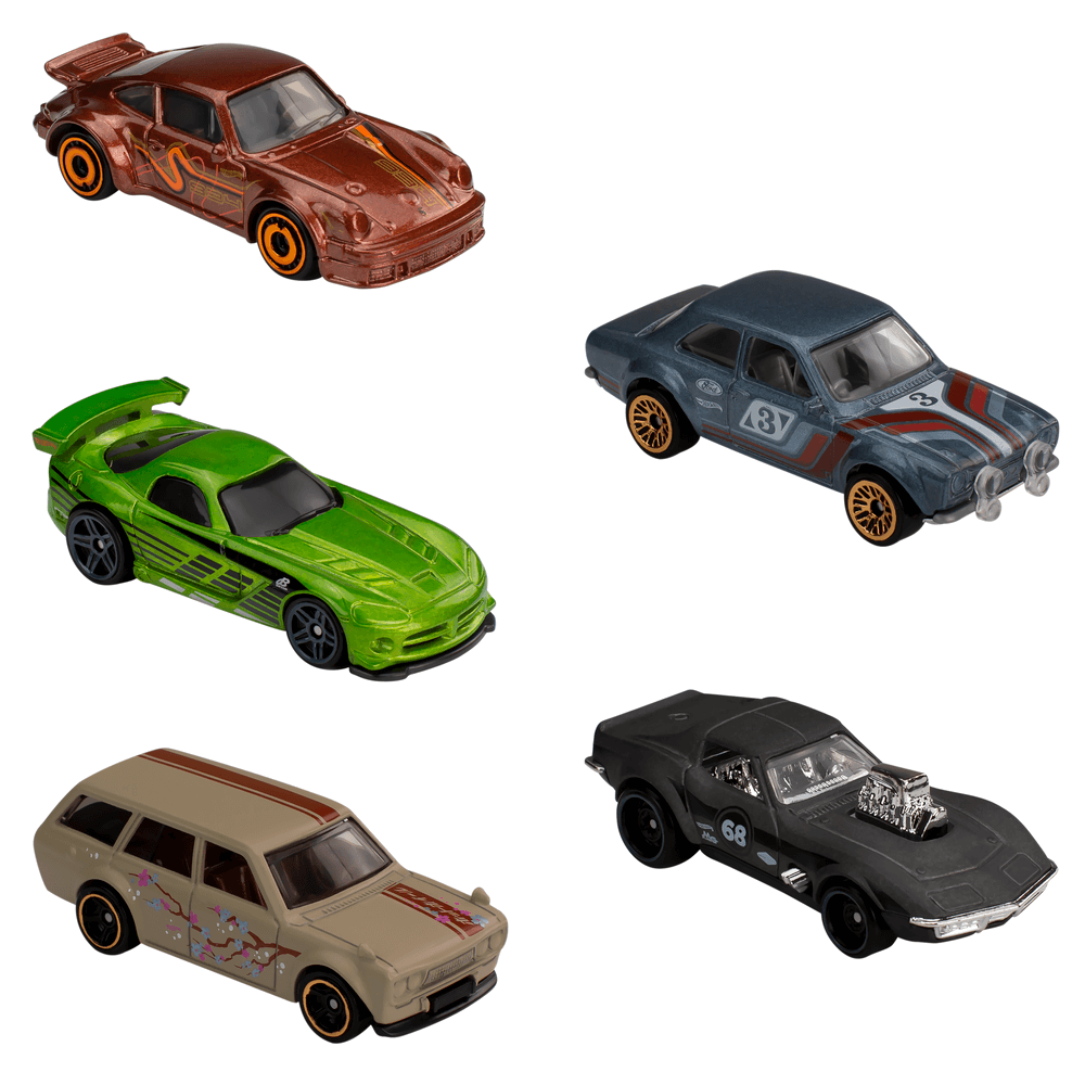 Penki Hot Wheels automodeliukai – sportiniai ir klasikiniai automobiliai (vienas iš galimų rinkinių)