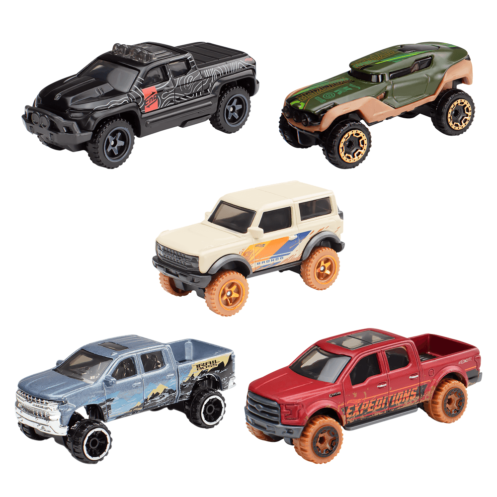 Penki Hot Wheels visureigiai ir pikapai (vienas iš galimų rinkinių)