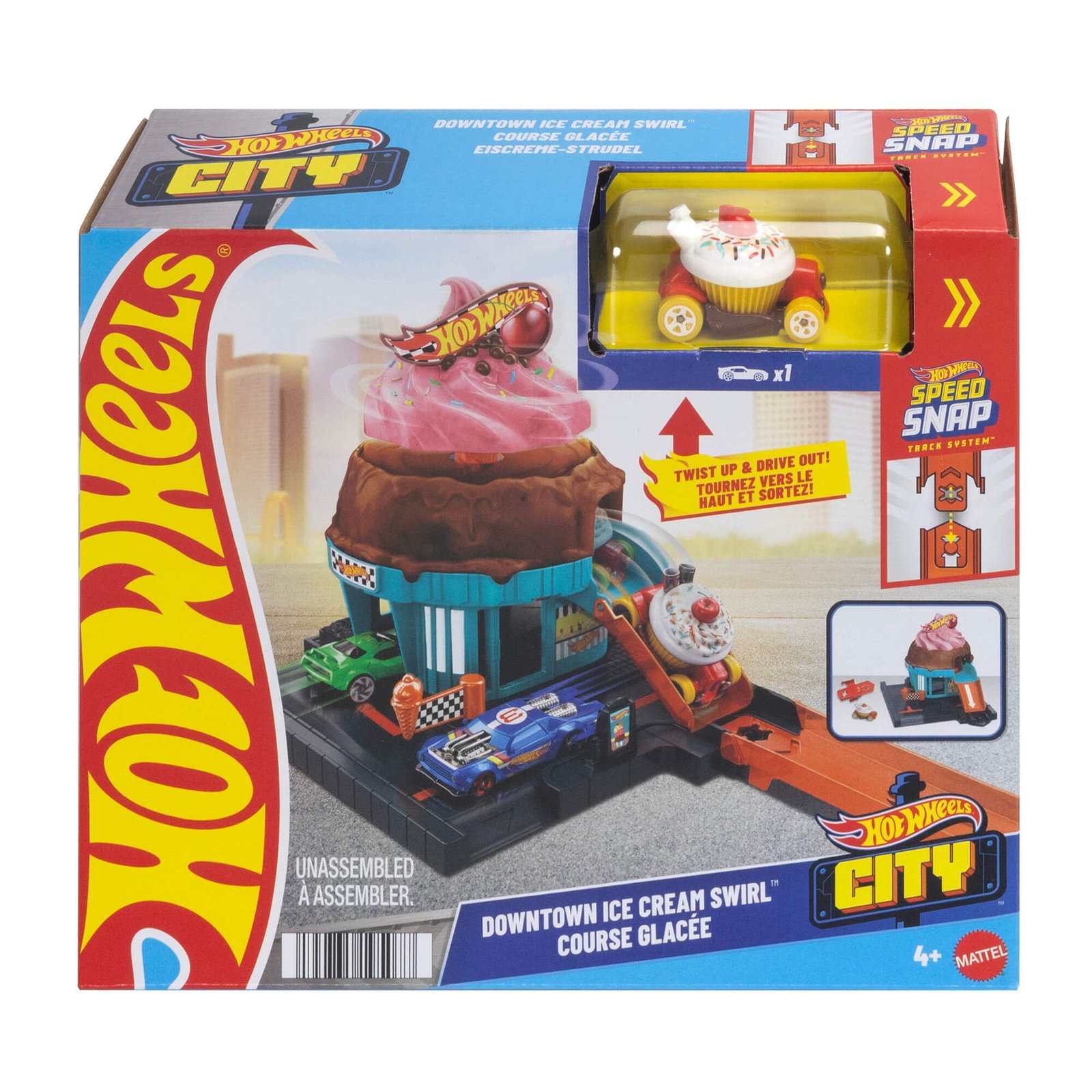 Hot Wheels City miesto rinkinys – ledainės „Downtown Ice Cream Swirl“ pakuotė, vienas iš asortimento variantų