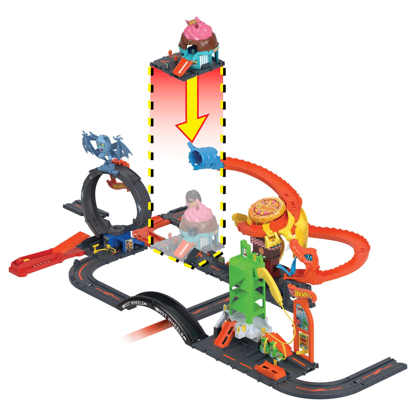 Keli atskirai parduodami Hot Wheels City rinkiniai, sujungti į vieną trasą