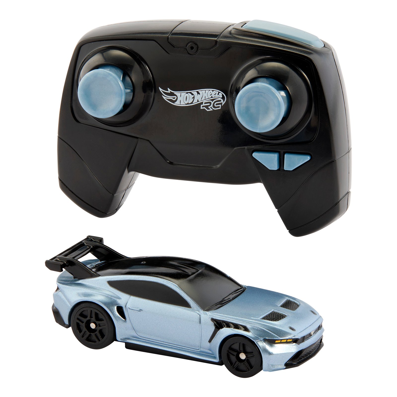 Hot Wheels RC Ford Mustang GTD – melsvai sidabrinis automodeliukas su juodu sparnu ir pulteliu