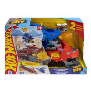 Hot Wheels transporteris „Dvigubas drakonas“ – Hot Wheels City pakuotė su dviem drakonais ir automodeliukais