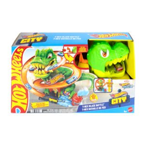 Hot Wheels gaisrinė su dinozauru – City rinkinio „Dinozauras gaisrinėje“ pakuotė su T-Rex galva lange