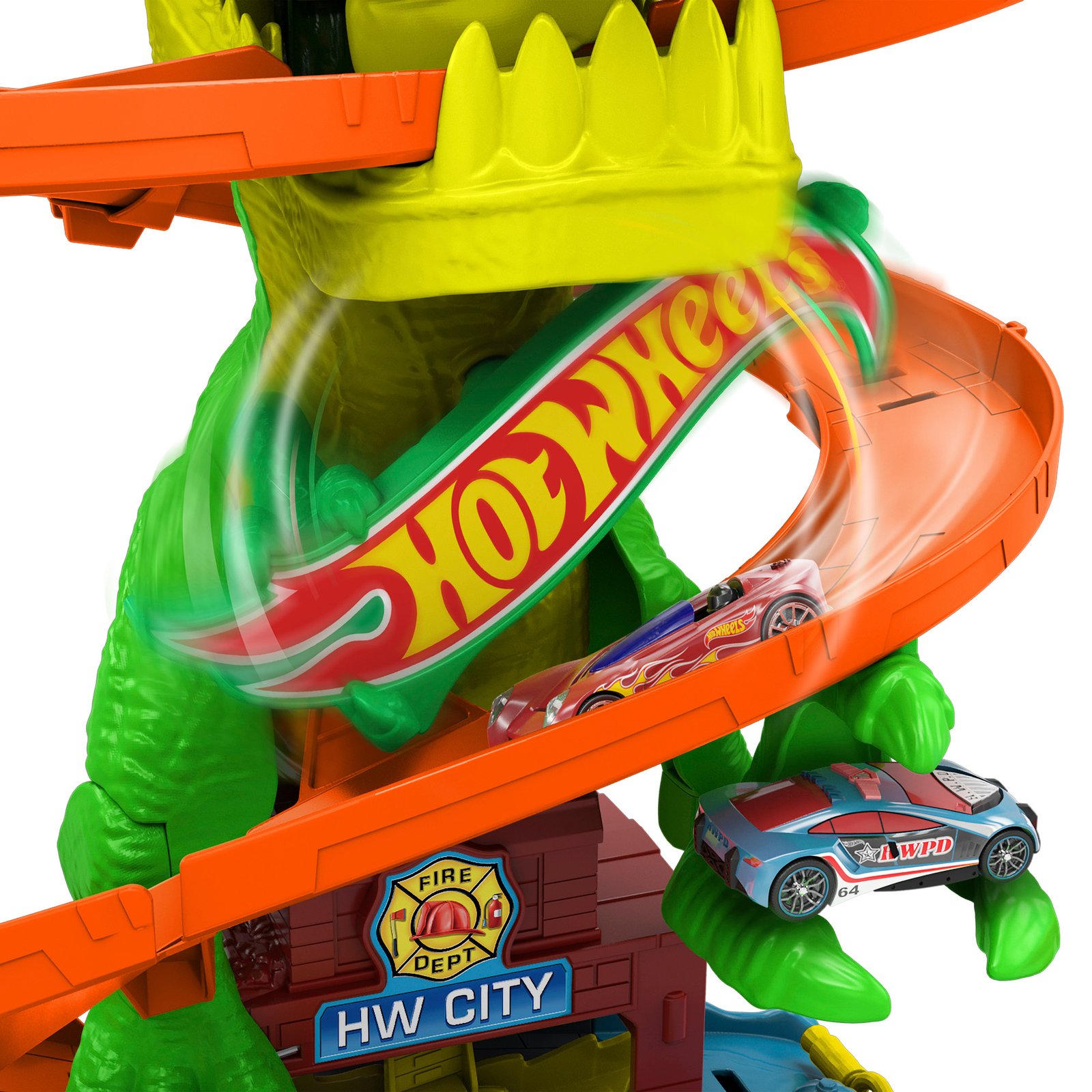 Mašinėlės rieda spirale pro dinozaurą, apačioje matyti HW City gaisrinės ženklas