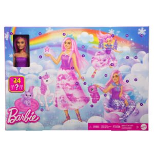 Barbie advento kalendorius „Fantasy“ – pakuotė su 24 langeliais ir lėle rožiniais plaukais langelyje