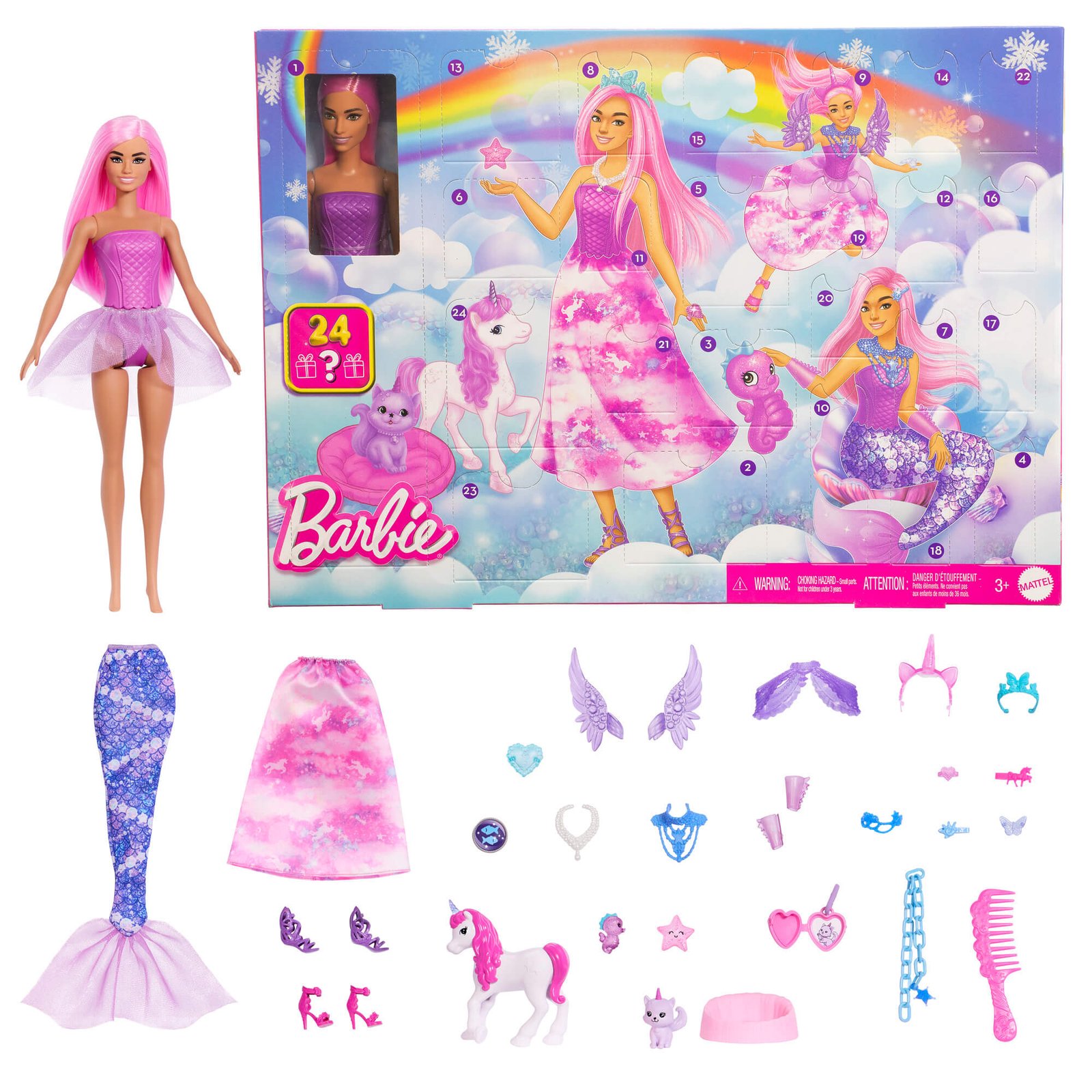 Barbie lėlė rožiniais plaukais, undinės uodega, fėjos sparnai, pelerina, tiaros ir pasakų gyvūnėliai prie pakuotės