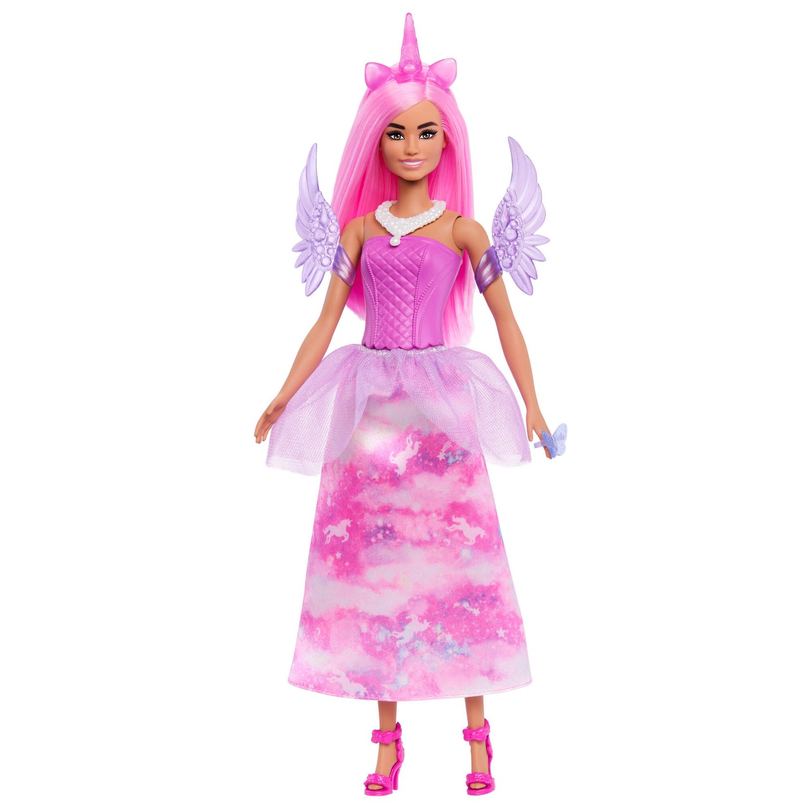 Barbie lėlė vienaragio fėja su sparnais, lankeliu su ragu ir ilgu rožiniu sijonu