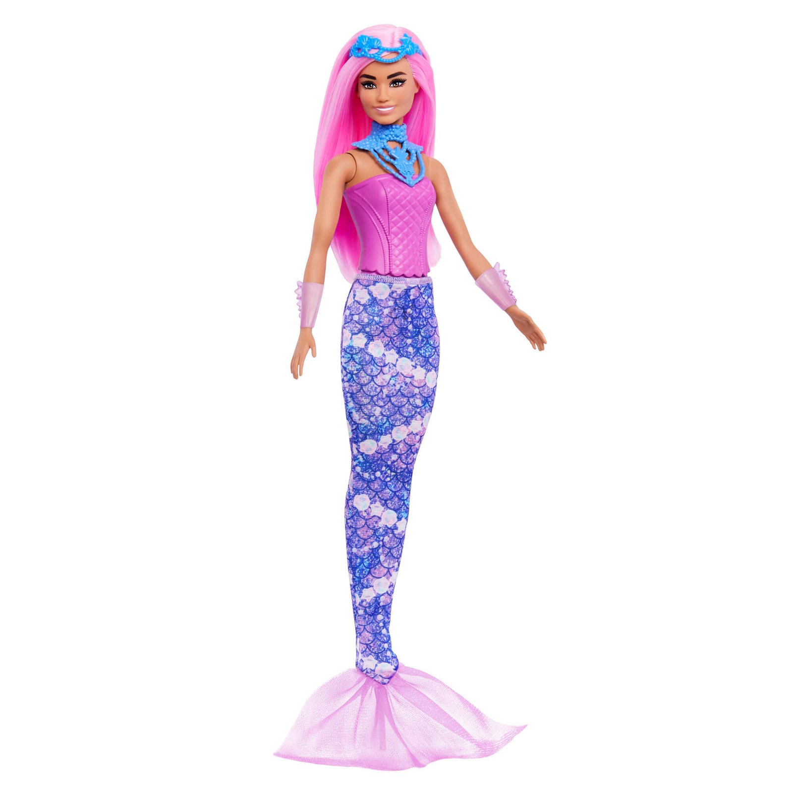 Barbie lėlė undinėlė su violetine žvynuota uodega ir mėlynu plaukų papuošalu