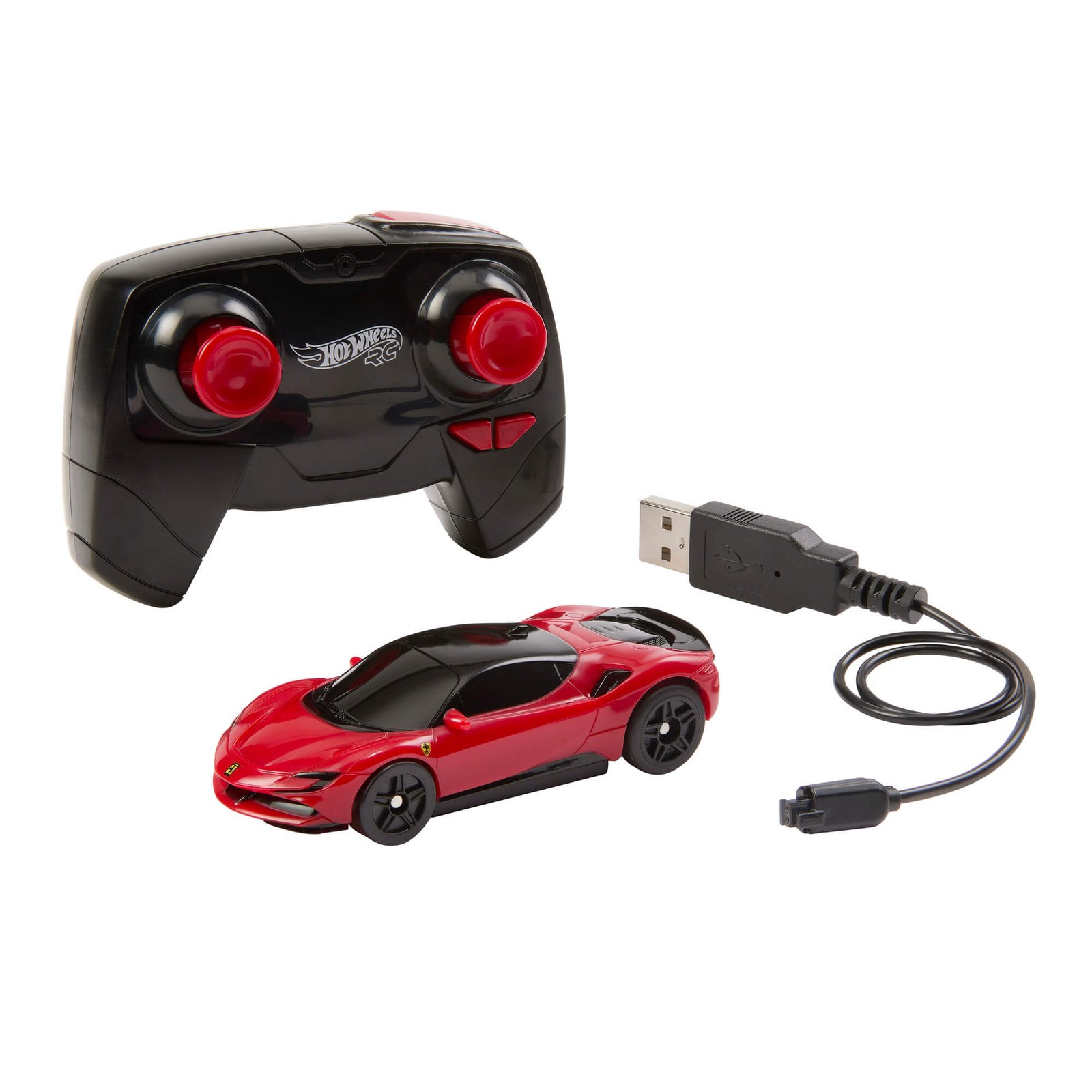 Raudonas Ferrari SF90 RC automodeliukas, pultelis raudonomis svirtimis ir USB laidas