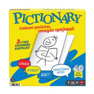 Pictionary lietuvių kalba – stalo žaidimo pakuotė su užrašu „Linksmi piešiniai, smagūs spėjimai!“