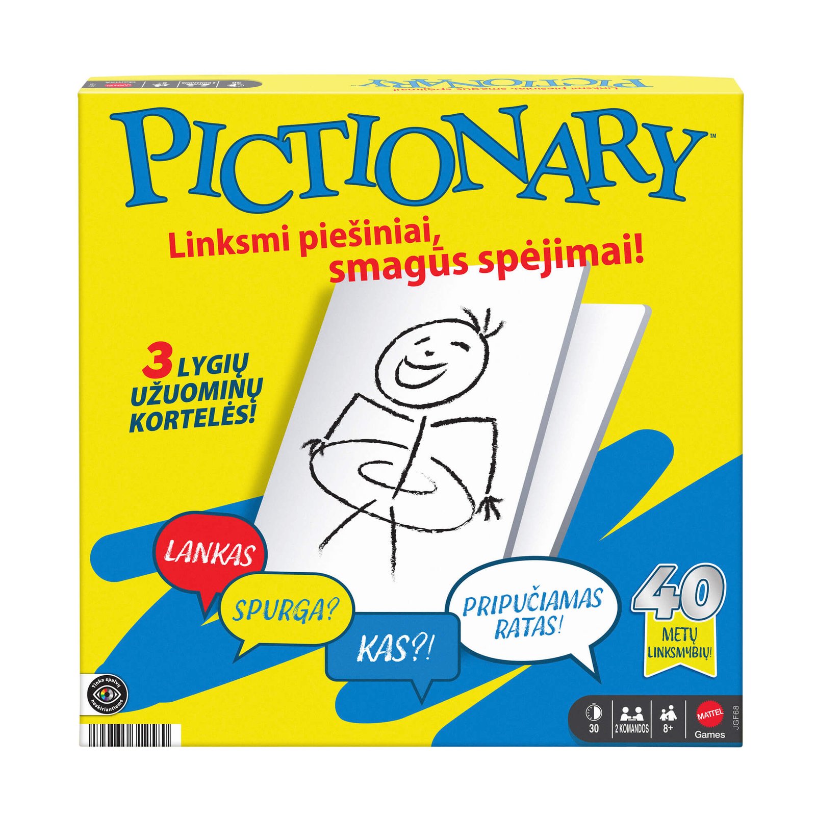 Pictionary lietuvių kalba – stalo žaidimo pakuotė su užrašu „Linksmi piešiniai, smagūs spėjimai!“