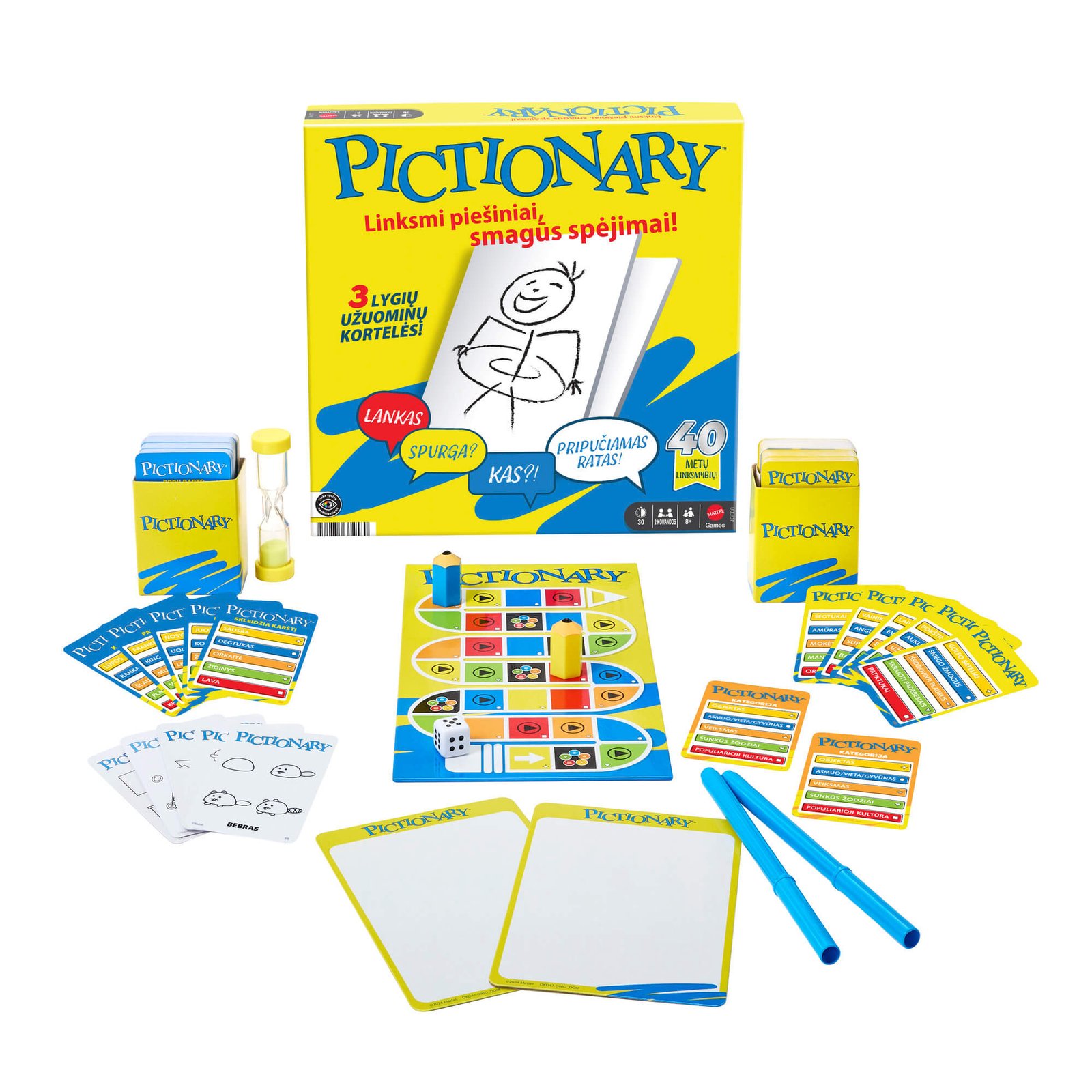Pictionary žaidimo turinys: lenta, pieštuko formos žetonai, kauliukas, smėlio laikrodis, kortelės, trinamos lentelės ir žymekliai