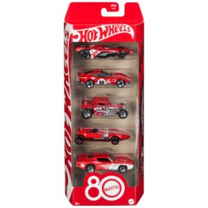 Hot Wheels jubiliejiniai automodeliukai Mattel 80 – raudona pakuotė su penkiais modeliais ir „80 Mattel“ emblema
