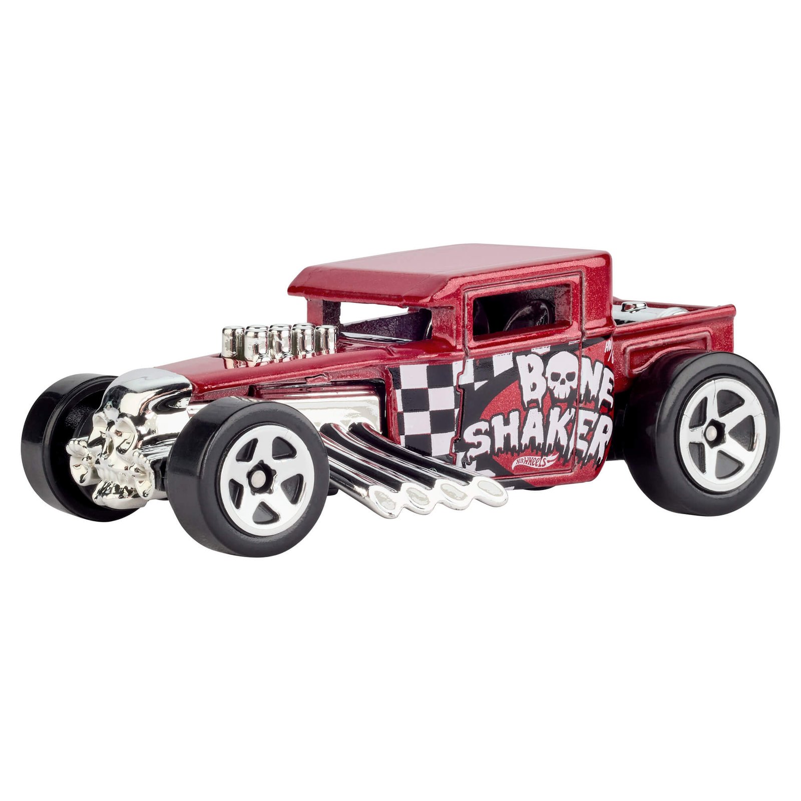 Raudonas Hot Wheels Bone Shaker su chromuota kaukole priekyje ir šachmatų langelių dekoracija