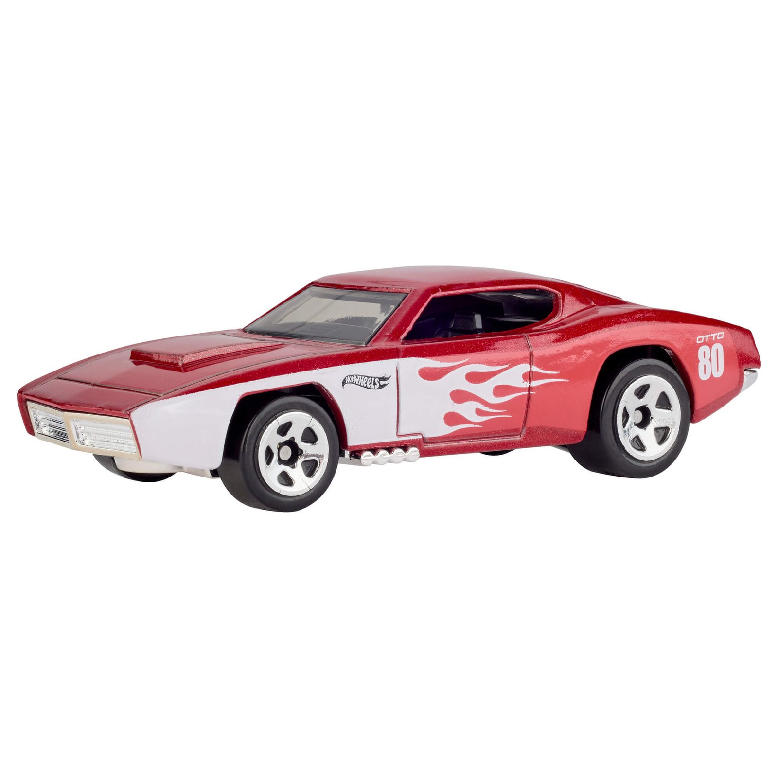 Raudonas jubiliejinis Hot Wheels modelis su baltomis liepsnomis šone