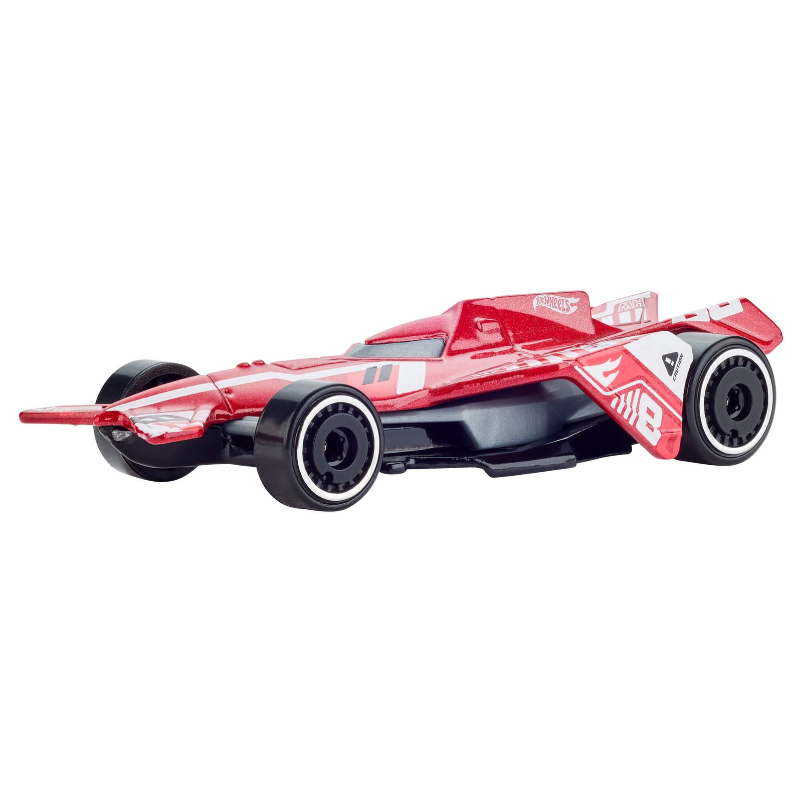 Raudonai baltas Hot Wheels lenktyninis bolidas atvirais ratais iš jubiliejinio rinkinio