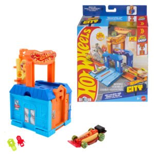 Hot Wheels City Play and Go trasa – užkandinės „Dine & Go Drive-Thru“ pakuotė, sulankstytas rinkinys ir mašinėlė-dešrainis (vienas iš variantų)