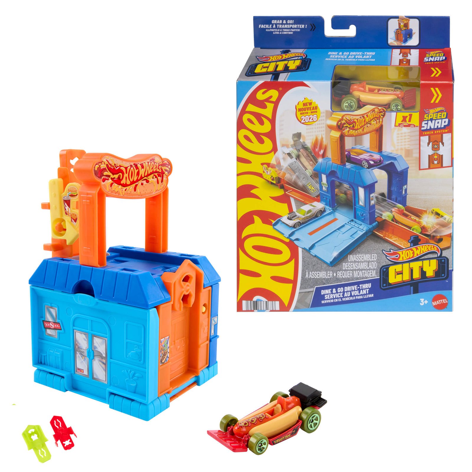 Hot Wheels City Play and Go trasa – užkandinės „Dine & Go Drive-Thru“ pakuotė, sulankstytas rinkinys ir mašinėlė-dešrainis (vienas iš variantų)