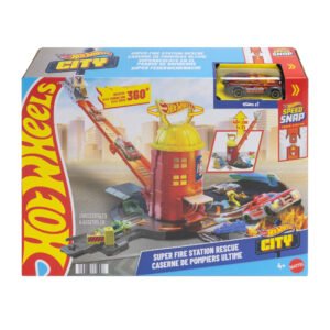 Hot Wheels gaisrinės stotis – City rinkinio „Super gaisrinės stotis“ pakuotė su ugniagesių automodeliuku