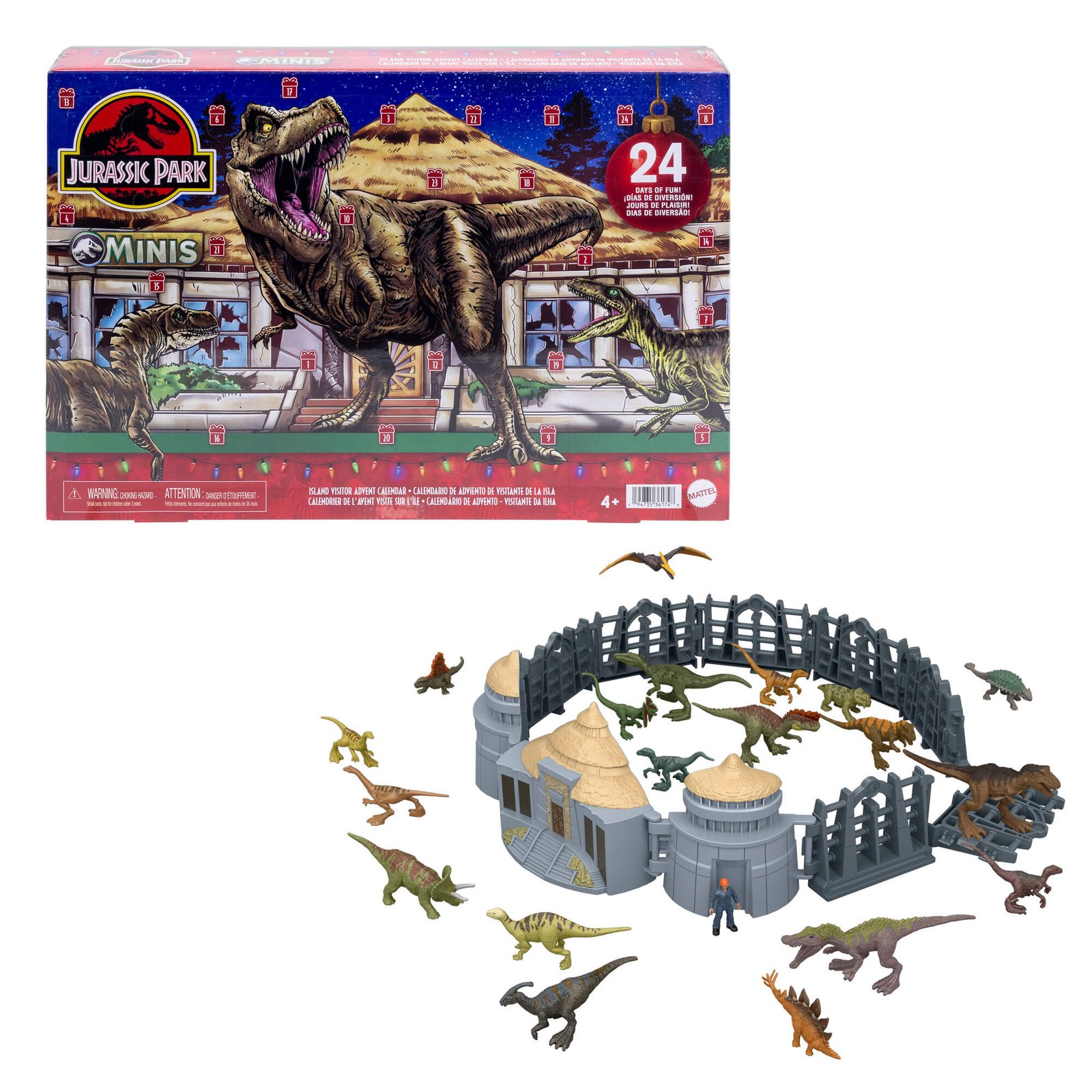 Jurassic Park Minis dinozaurų advento kalendorius – pakuotė ir surinktas lankytojų centras su tvora ir dinozaurais