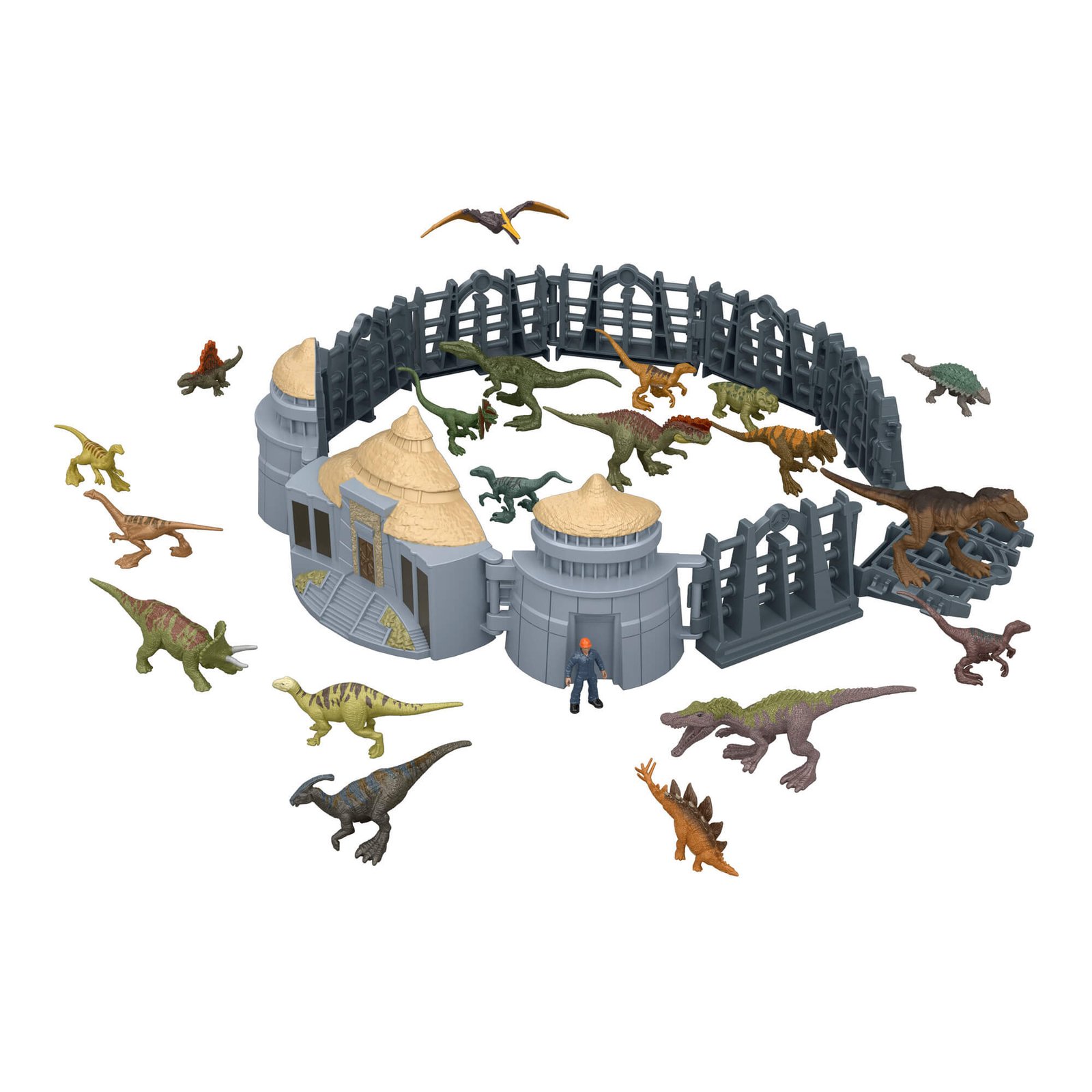 Surinkta scena: lankytojų centras, tvora, mini dinozaurai ir žmogaus figūrėlė