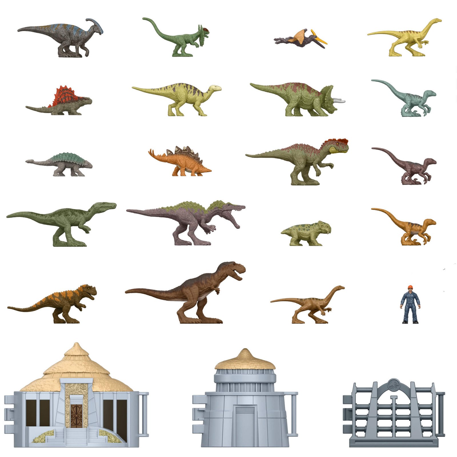 Visas turinys: 19 mini dinozaurų, žmogaus figūrėlė, lankytojų centras ir tvoros segmentai su vartais