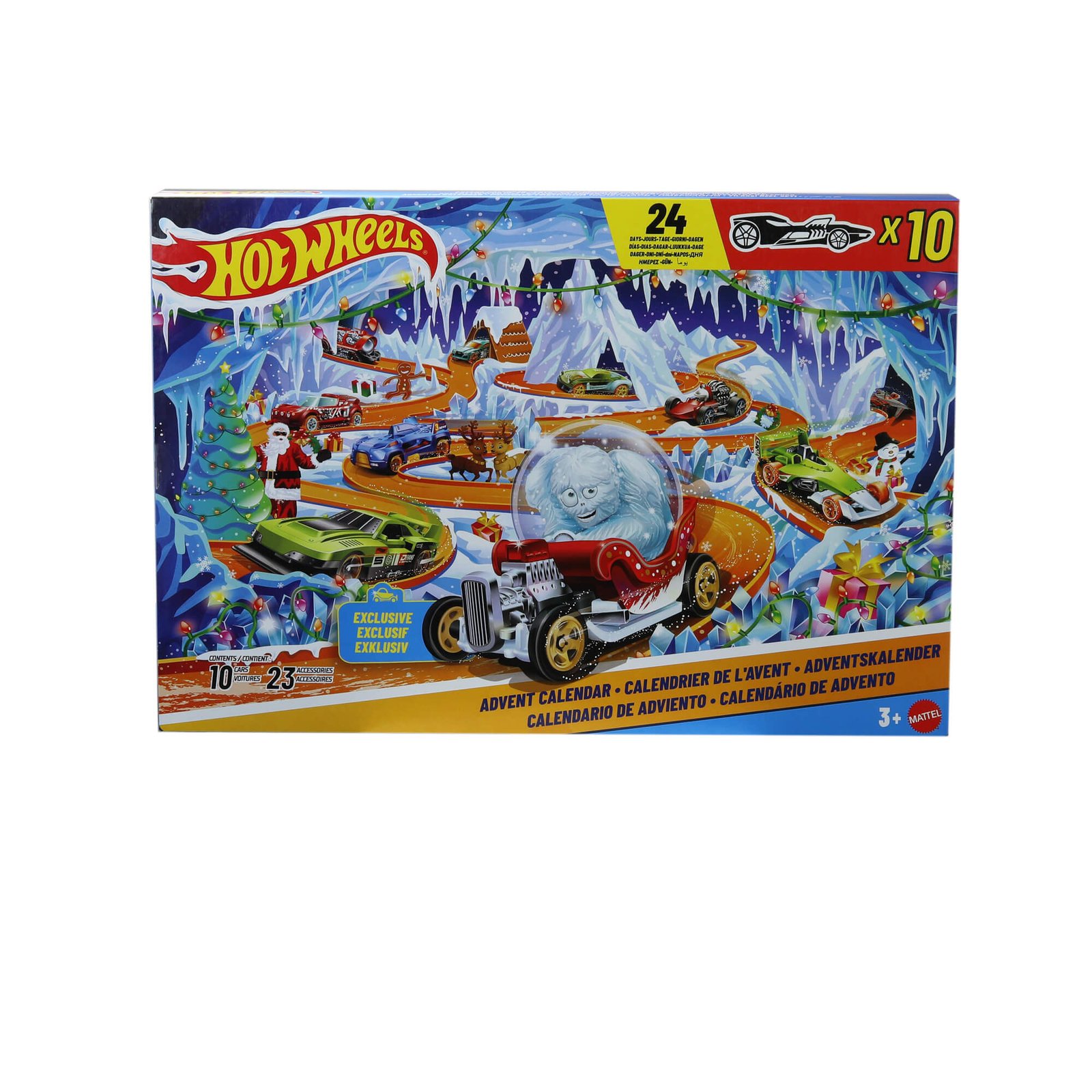 Hot Wheels advento kalendorius – pakuotė su 24 langeliais, ledo urvo trasa ir išskirtiniu modeliu su ječiu