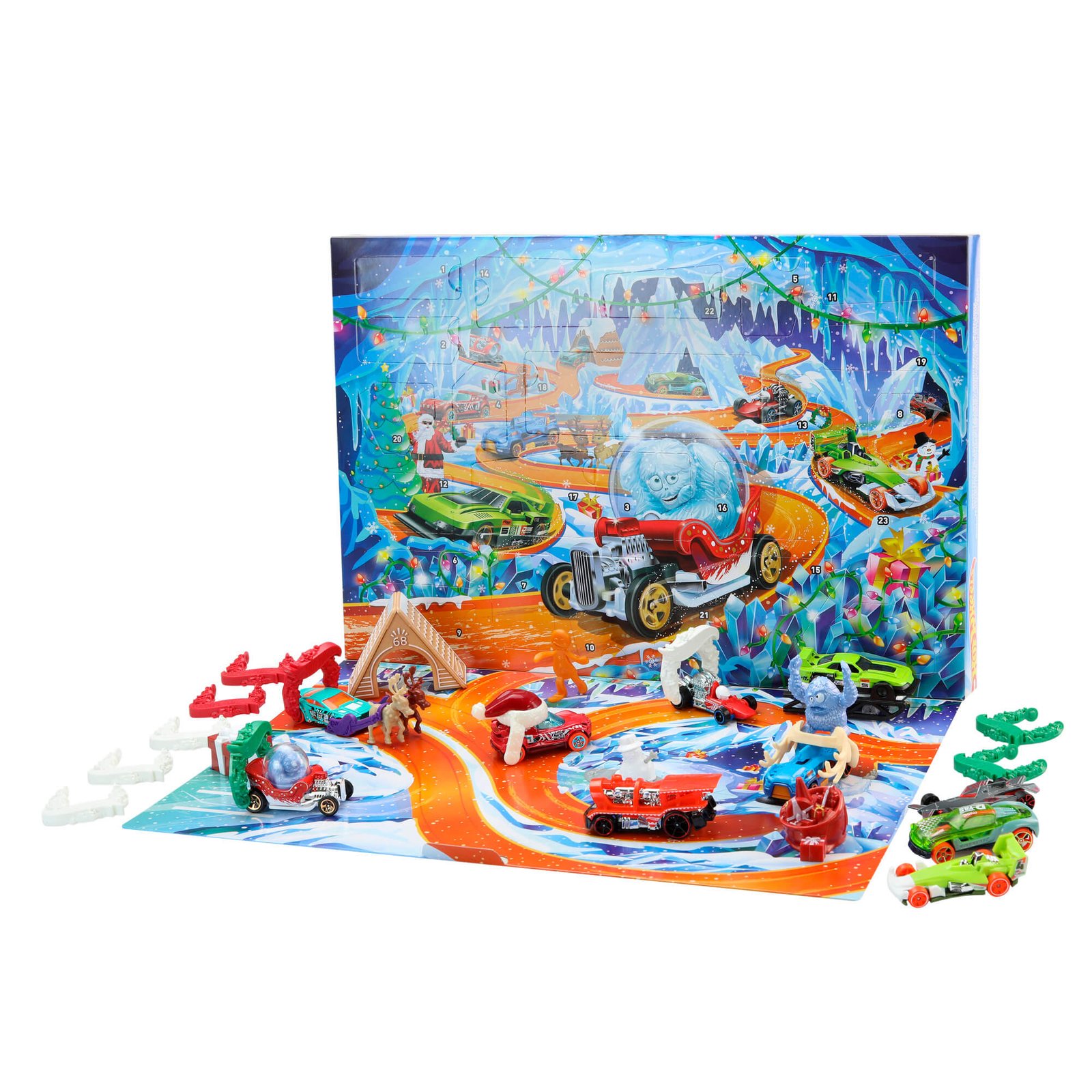 Hot Wheels advento kalendoriaus automodeliukai ir žiemiški priedai aplink žaidimų kilimėlį su oranžine trasa