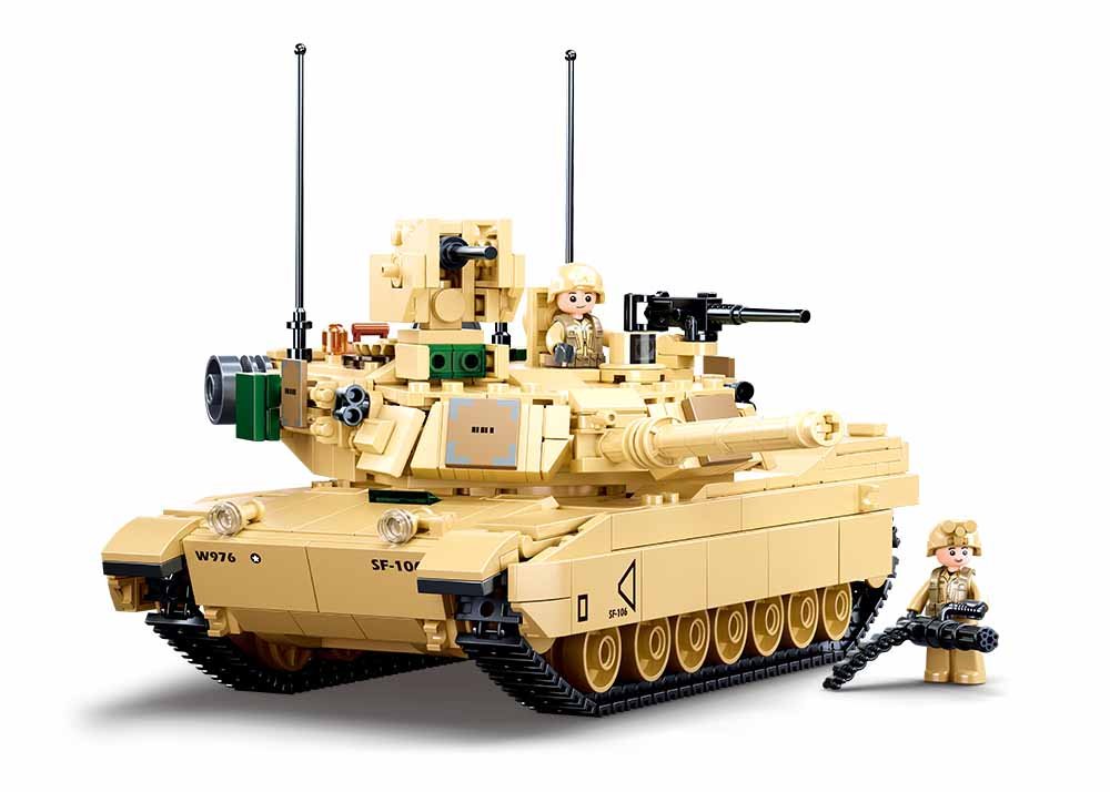 Surinktas smėlio spalvos Abrams tanko modelis su dviem kareivių figūrėlėmis