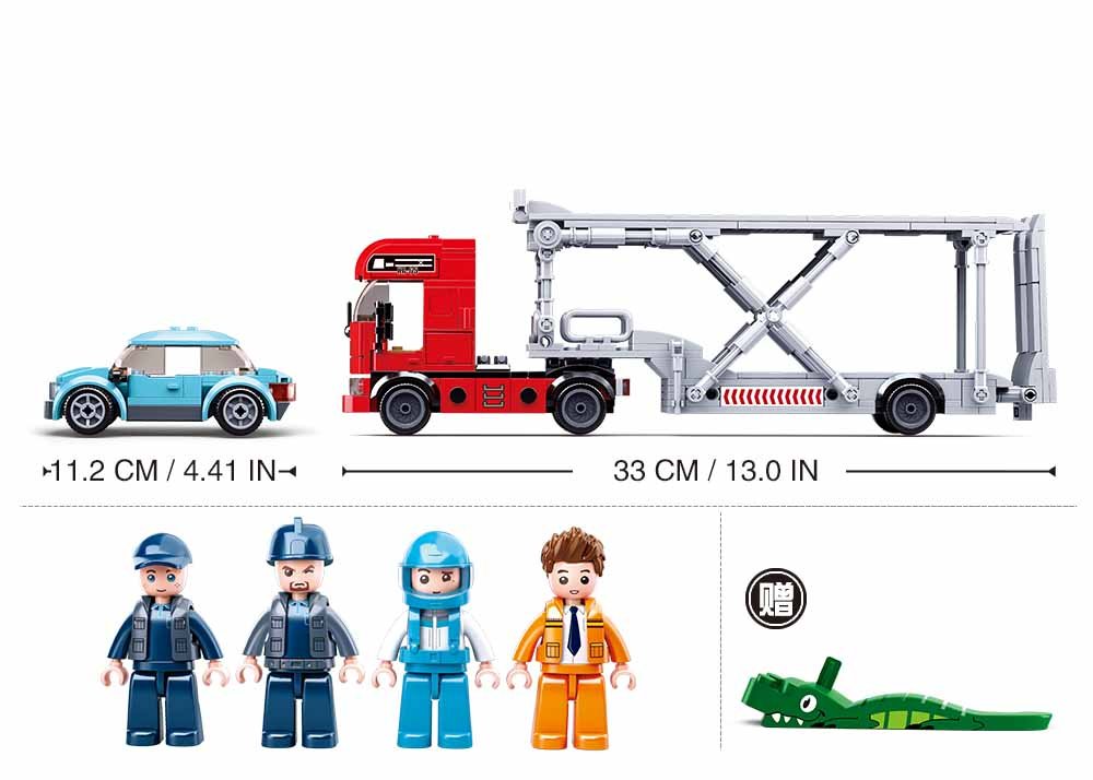 33 cm ilgio autovežis, 11,2 cm automobiliukas, 4 figūrėlės ir žalias krokodilas