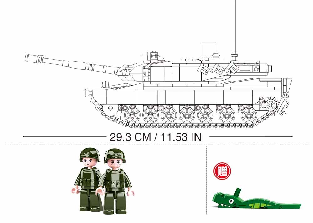 Leopard 2A5 tanko modelio šoninis brėžinys su 29,3 cm ilgio žyma, dviem kareivių figūrėlėmis ir krokodilu