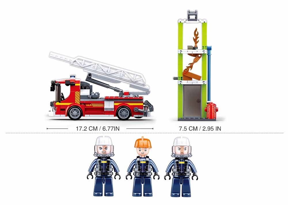 Gaisrinės automobilio 17,2 cm ir bokšto 7,5 cm matmenys, 3 ugniagesių figūrėlės