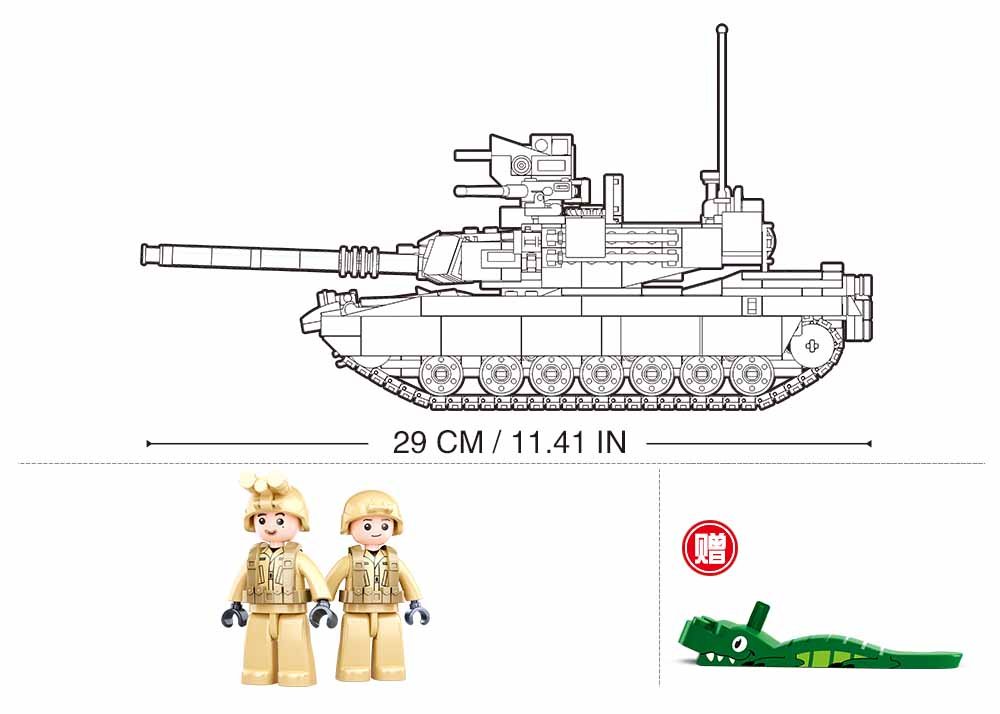 Tanko modelio šoninis brėžinys su 29 cm ilgio žyma, figūrėlėmis ir krokodilu