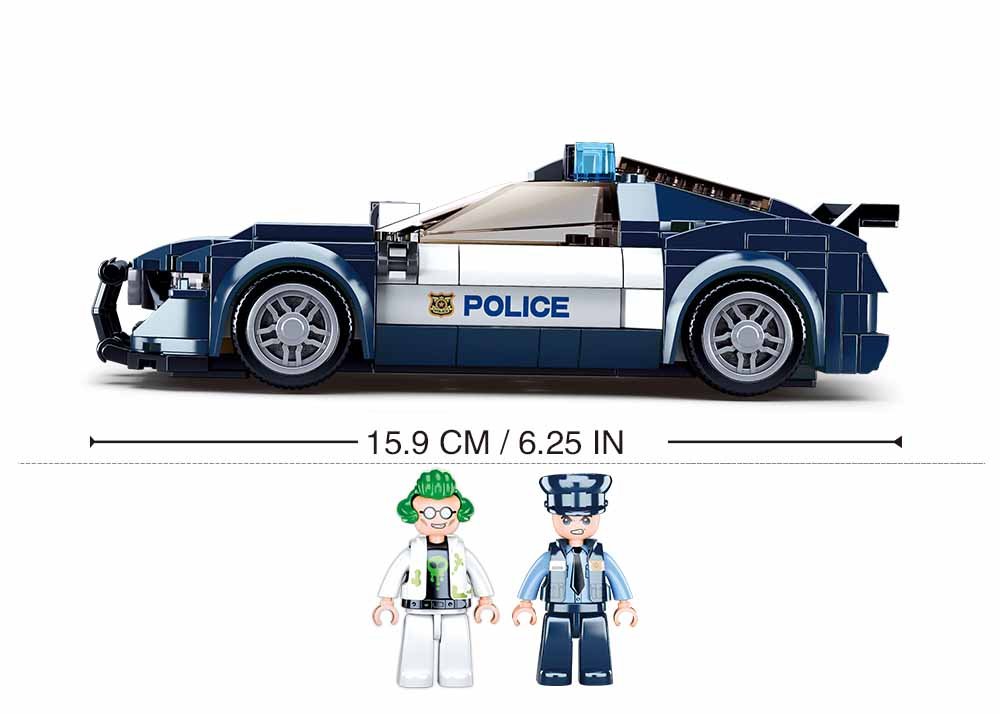 15,9 cm ilgio policijos automobilis iš šono su policininko ir pažeidėjo figūrėlėmis