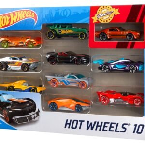Hot Wheels 10 automodeliukų rinkinys – mėlyna dėžutė su langeliu ir dešimt skirtingų mašinėlių (vienas iš galimų rinkinių)