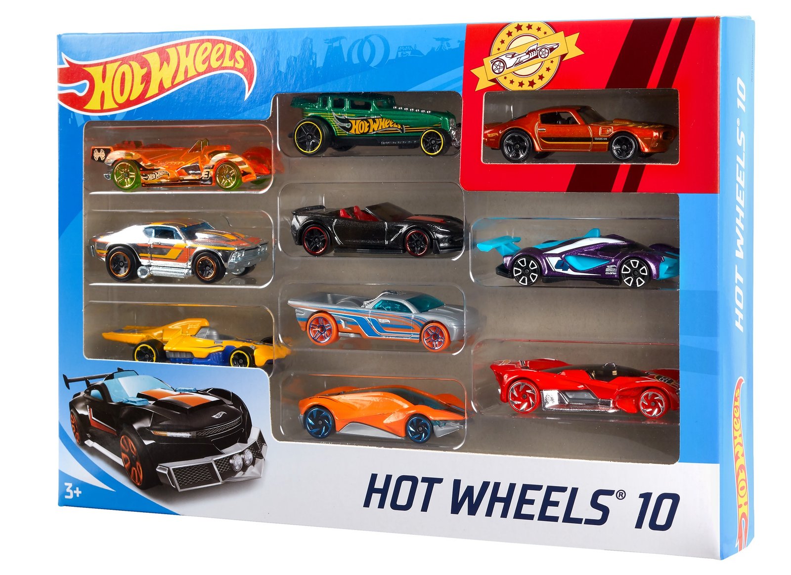 Hot Wheels 10 automodeliukų rinkinys – mėlyna dėžutė su langeliu ir dešimt skirtingų mašinėlių (vienas iš galimų rinkinių)