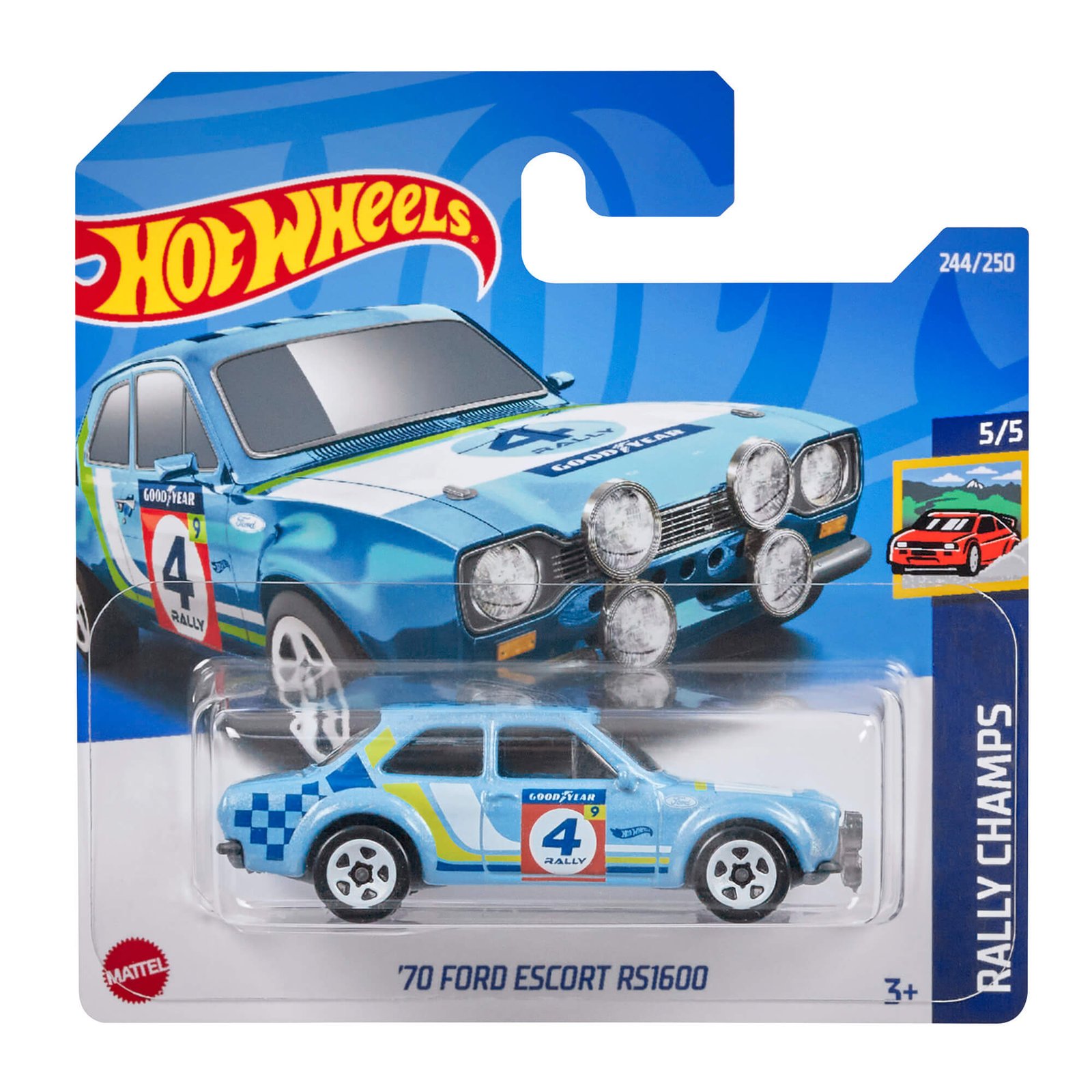 Pavyzdys: mėlynas ralio automobilis su numeriu 4 Hot Wheels pakuotėje