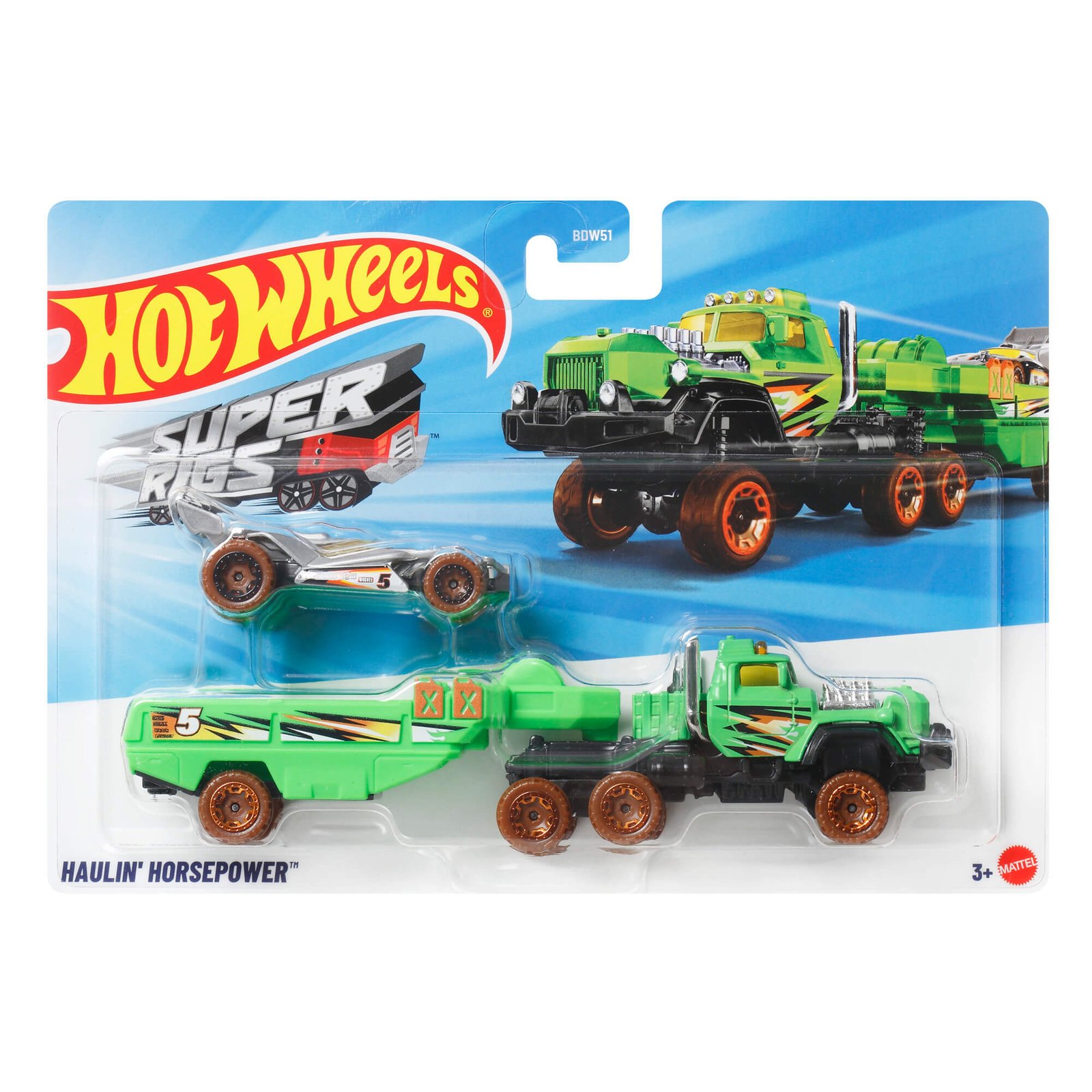 Hot Wheels transporteris su automodeliuku – Super Rigs „Haulin' Horsepower“ pakuotė, vienas iš galimų modelių