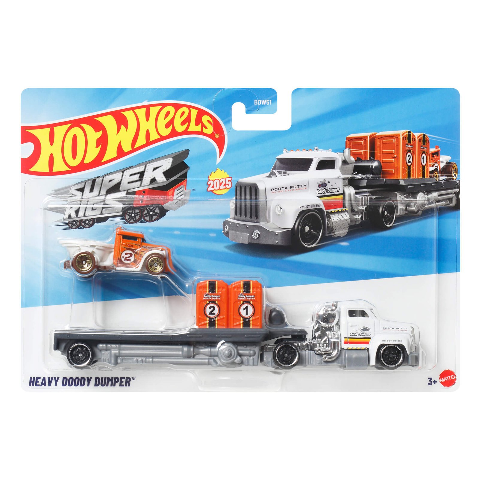 Super Rigs „Heavy Doody Dumper“ – baltas vilkikas su platforma ir automodeliukas (vienas iš galimų modelių)