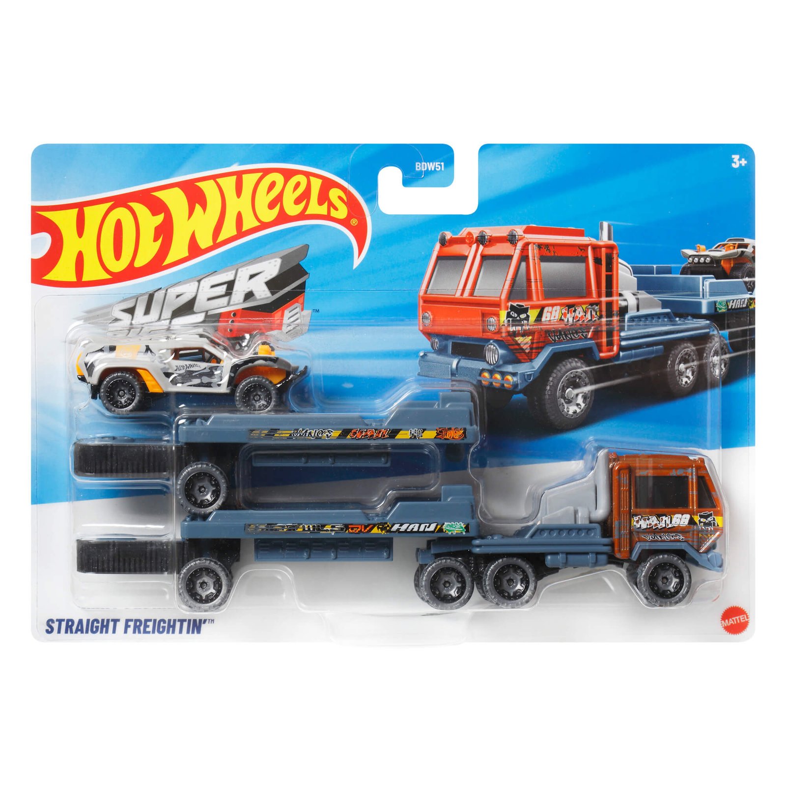 Super Rigs „Straight Freightin'“ – rudas vilkikas su platforma ir automodeliukas (vienas iš galimų modelių)