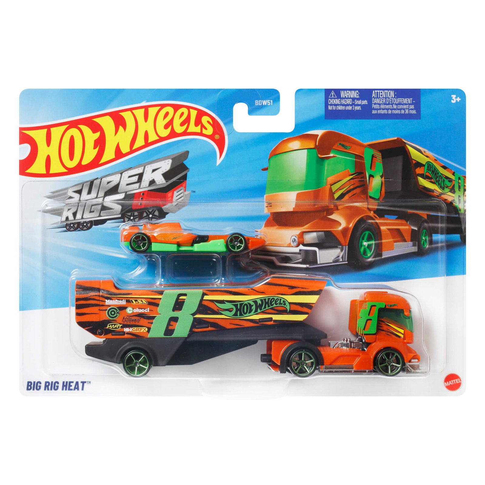 Super Rigs „Big Rig Heat“ – oranžinis vilkikas ir oranžinis lenktyninis automodeliukas (vienas iš galimų modelių)