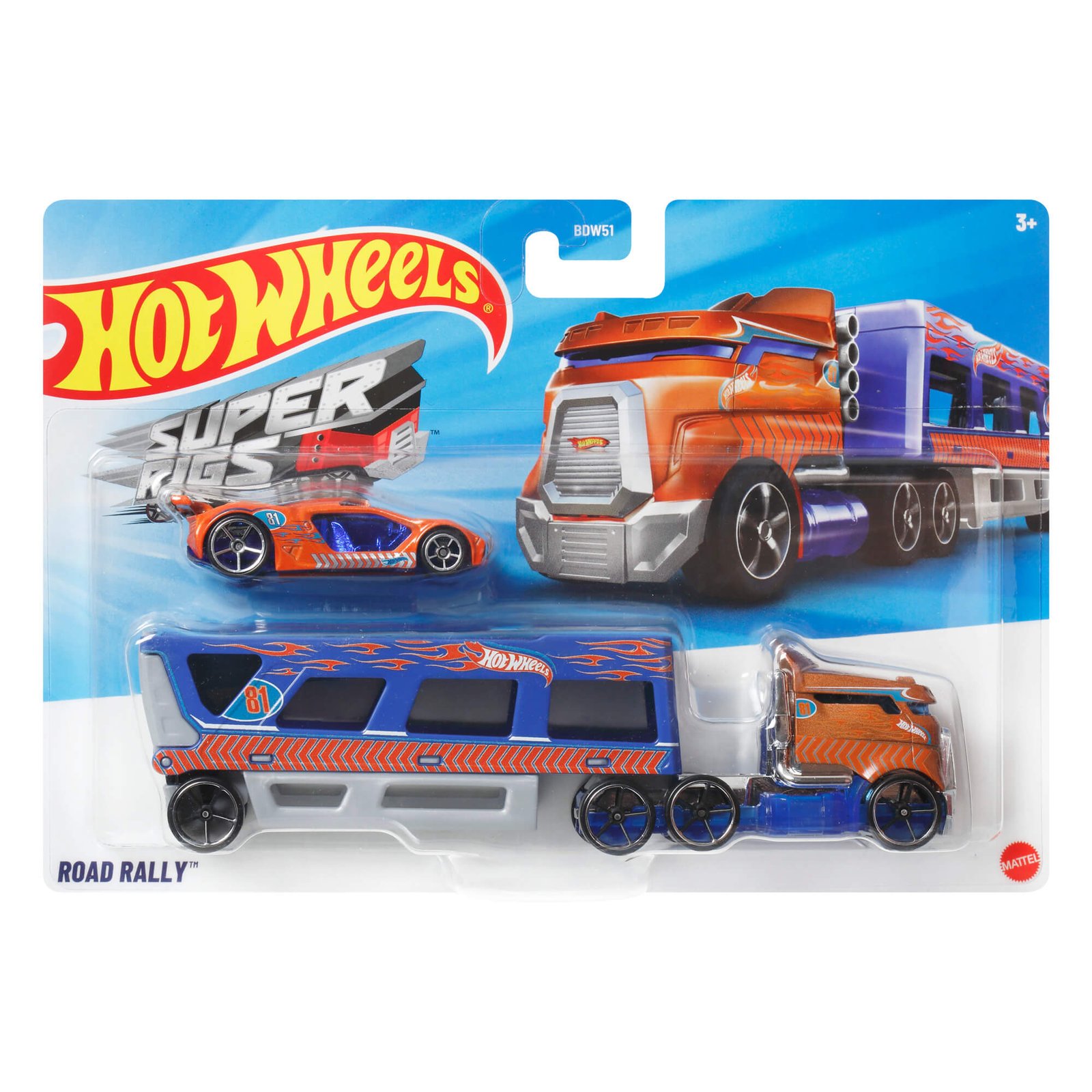 Super Rigs „Road Rally“ – varinės spalvos vilkikas su mėlyna priekaba ir oranžinis automodeliukas (vienas iš galimų modelių)